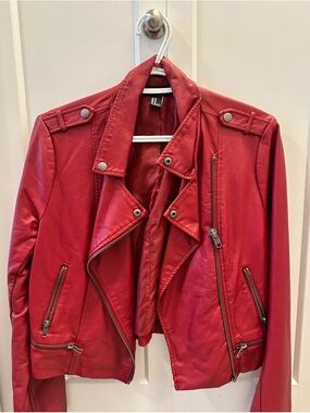 Forever 21 Red Faux Leather Moto Jacket with Silver Hardware